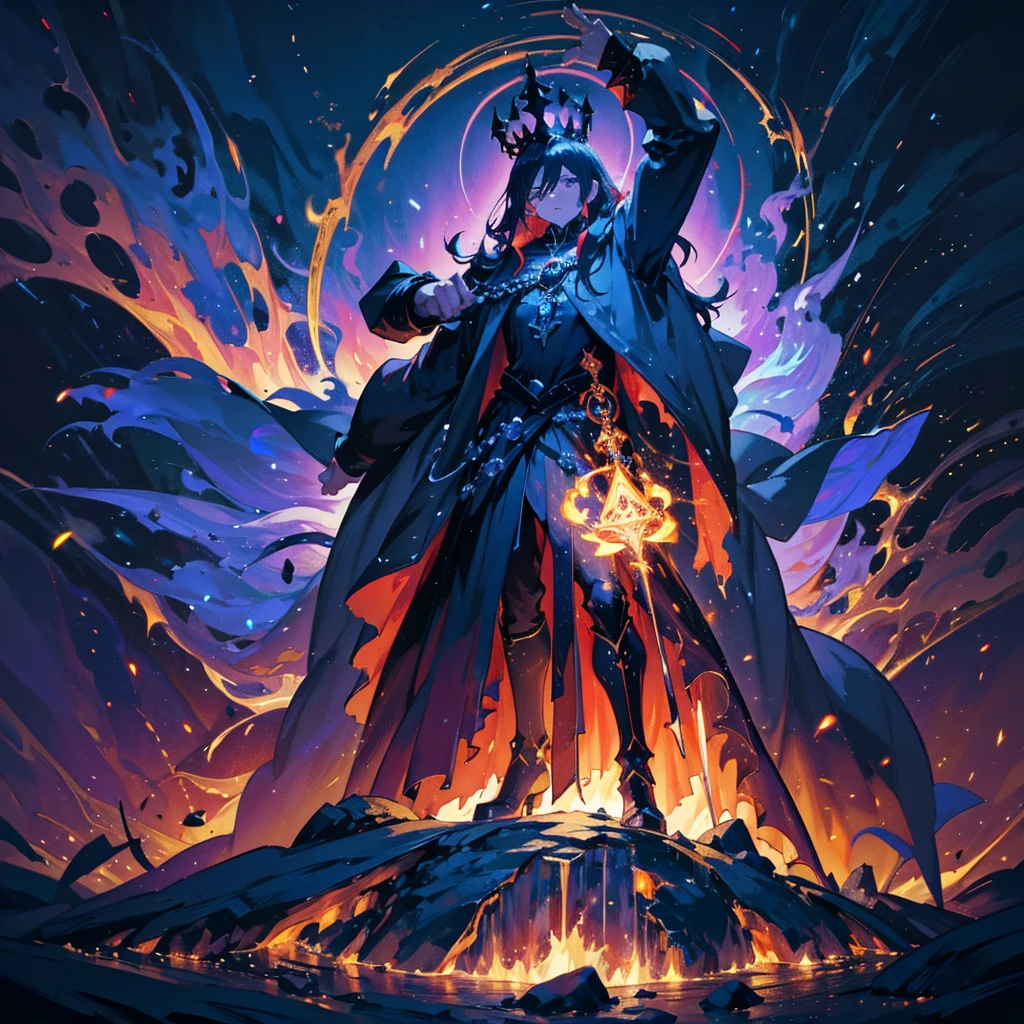 dark mage king with a crown, dark magic aura, monstruous king, magic crown, dark shrink background, tremendous malicious aura, dinamic art, full body art, action pose, full body pose