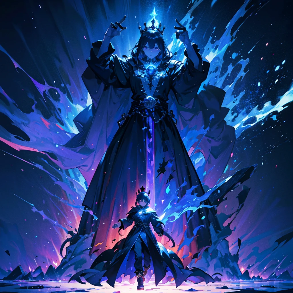 dark mage king with a crown, dark magic aura, monstruous king, magic crown, dark shrink background, tremendous malicious aura, dinamic art, full body art, action pose, full body pose
