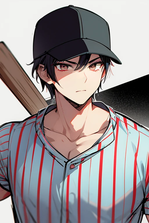 Baseball boy with short hair and tough appearance, yakuza muscles and face, baseball cap, bat and ball in hands. 
