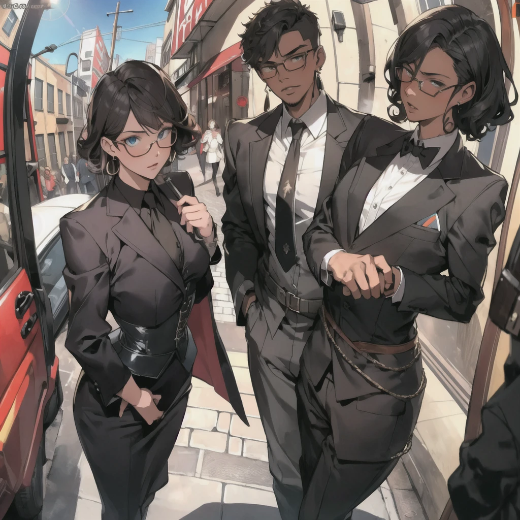 masterpiece,Highest quality,(1 person:1.3), Age 25,short hair,Colored hints,Curly Hair,Tinted Glasses,Earrings,gun,tie,topless,corset,Mafia Style,handcuffs,Wrap coat,street,From above,(Dutch Angle, Fisheye Lens),Lens flare,Depth of written boundary 