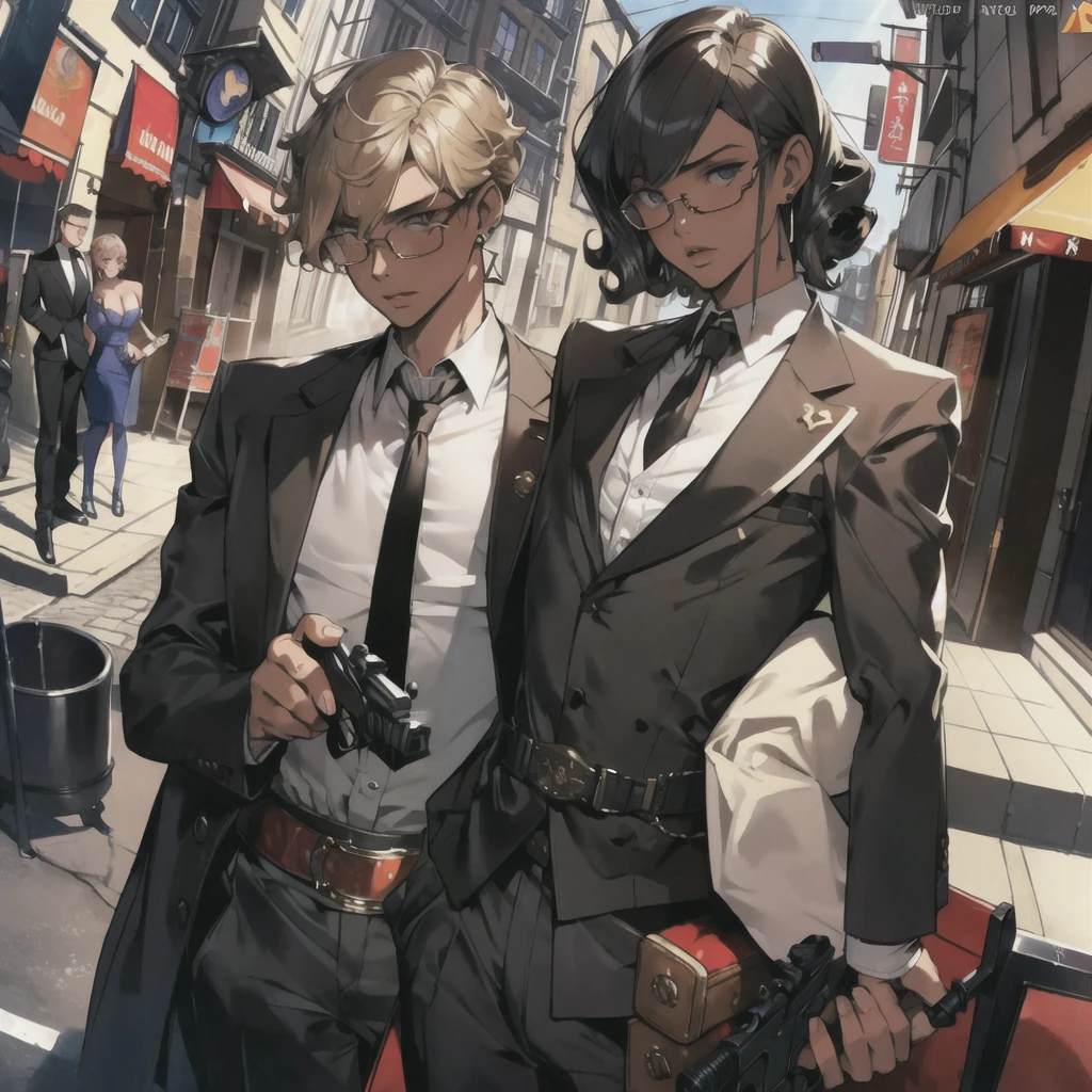 masterpiece,Highest quality,(1 person:1.3), Age 25,short hair,Colored hints,Curly Hair,Tinted Glasses,Earrings,gun,tie,topless,corset,Mafia Style,handcuffs,Wrap coat,street,From above,(Dutch Angle, Fisheye Lens),Lens flare,Depth of written boundary 