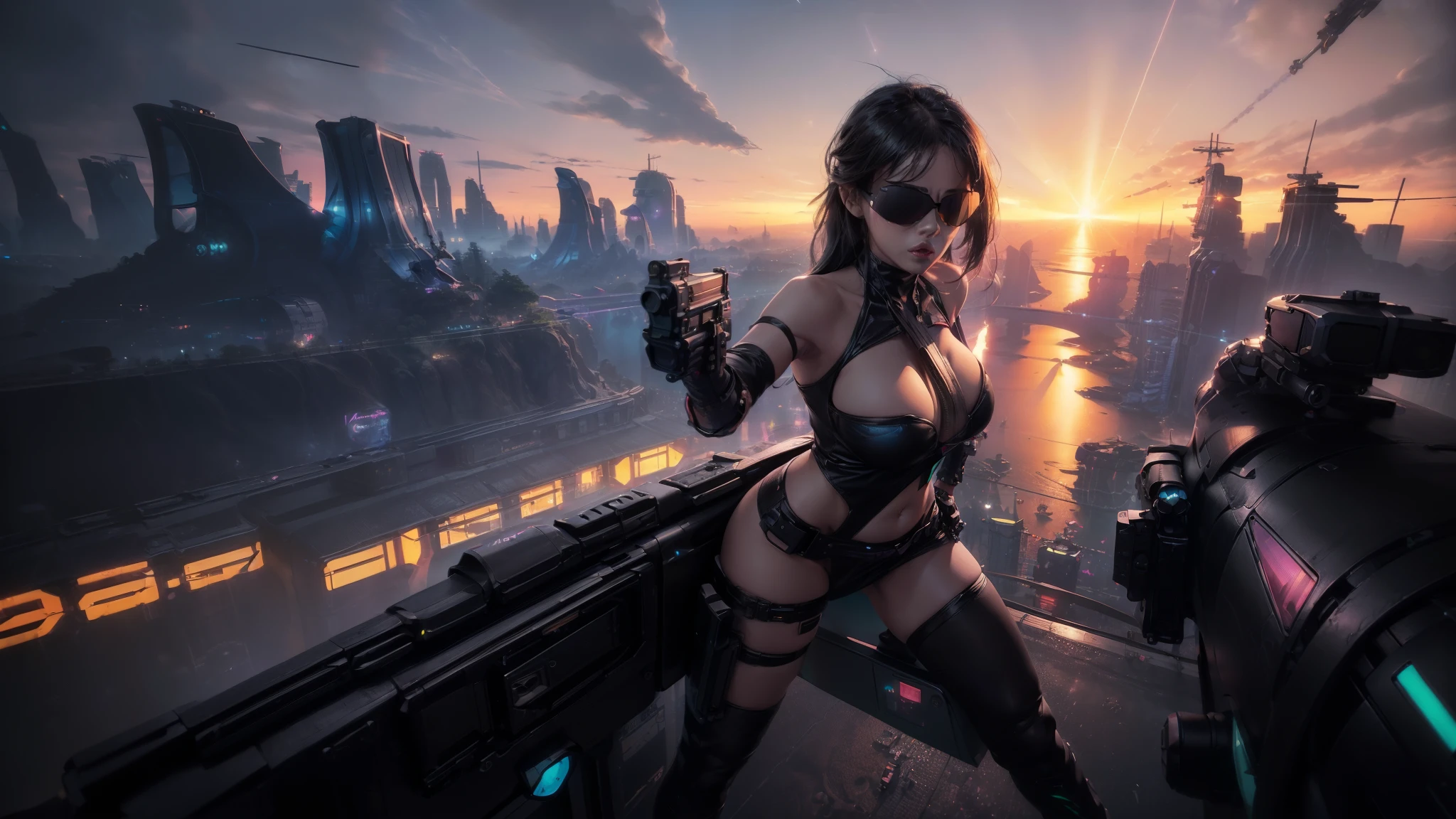 (((aerial view))) of futuristic cyberpunk city at night, hologram neon buildings, vivid colors, (((futuristic flying cars))) and futuristic cars, 3d rendering Beeple. large-breast:1.2 photorealistic sexy woman, solo, cleavage, tube top, miniskirt, (((((black sunglasses, pistol shooting pose))))), standing, leaning forward, (((((half-body thigh level medium shot))))).