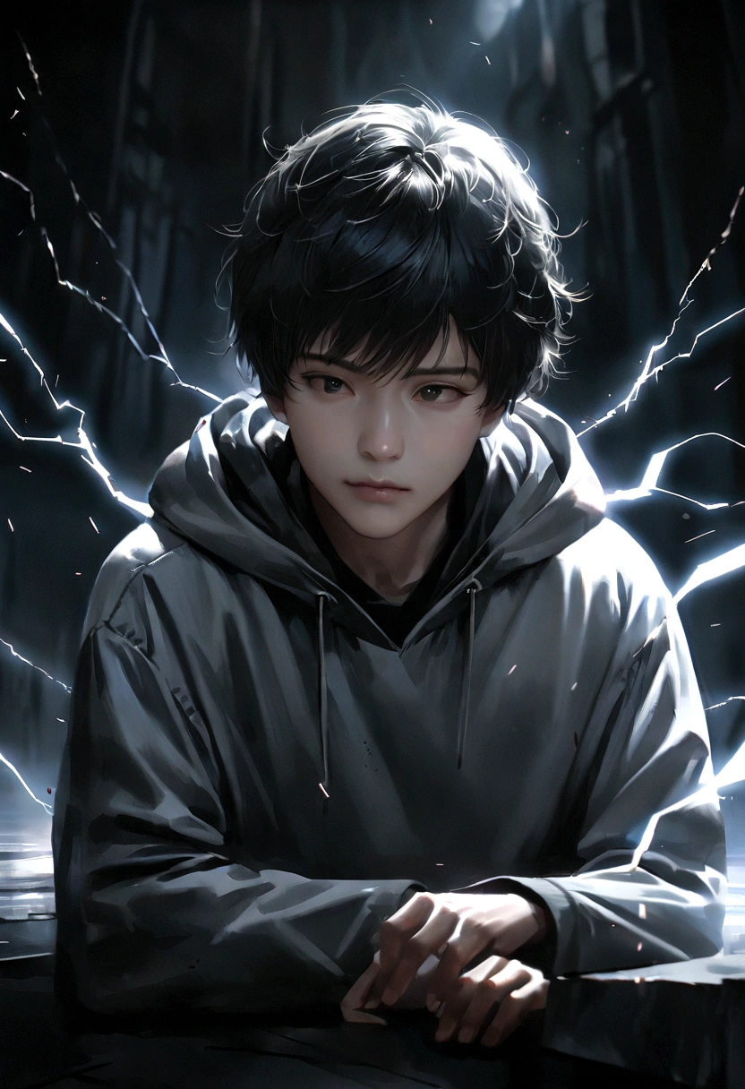 Imagine a young man with long black hair wearing a black and white hoodie, sitting in a dark room with a gloomy and moody atmosphere. His expression is downcast as he looks at the floor, with arcs of electricity crossing his body, standing out against the darkness. The lighting is cinematic, creating a chiaroscuro effect with intricate details. The image is highly detailed and photorealistic, with an 8k quality, reminiscent of award-winning photography. The camera slowly zooms in on the person, revealing a tired face but with a glimmer of hope in the eyes. The young man's detailed facial expression adds to the dramatic tone of the scene