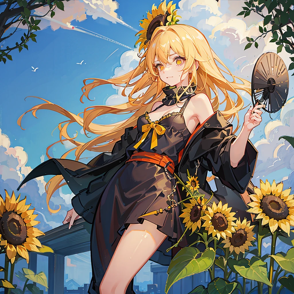 One Girl,pretty girl,Midsummer,very hot,sweating,Holding a folding fan,Wind chimes ring,Looking out the window,Great space,Sunflowers bloom,Lots of sunflowers,