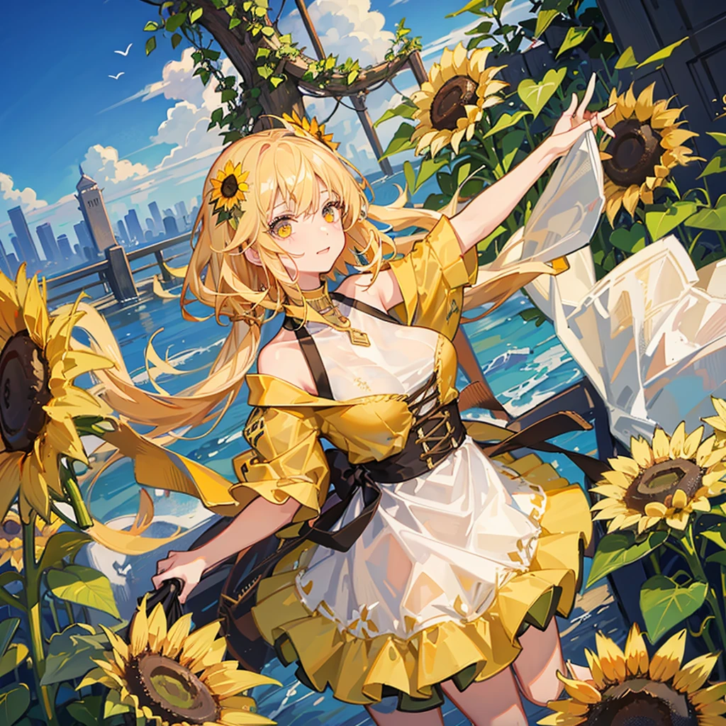 One Girl,pretty girl,Midsummer,very hot,sweating,Holding a folding fan,Wind chimes ring,Looking out the window,Great space,Sunflowers bloom,Lots of sunflowers,