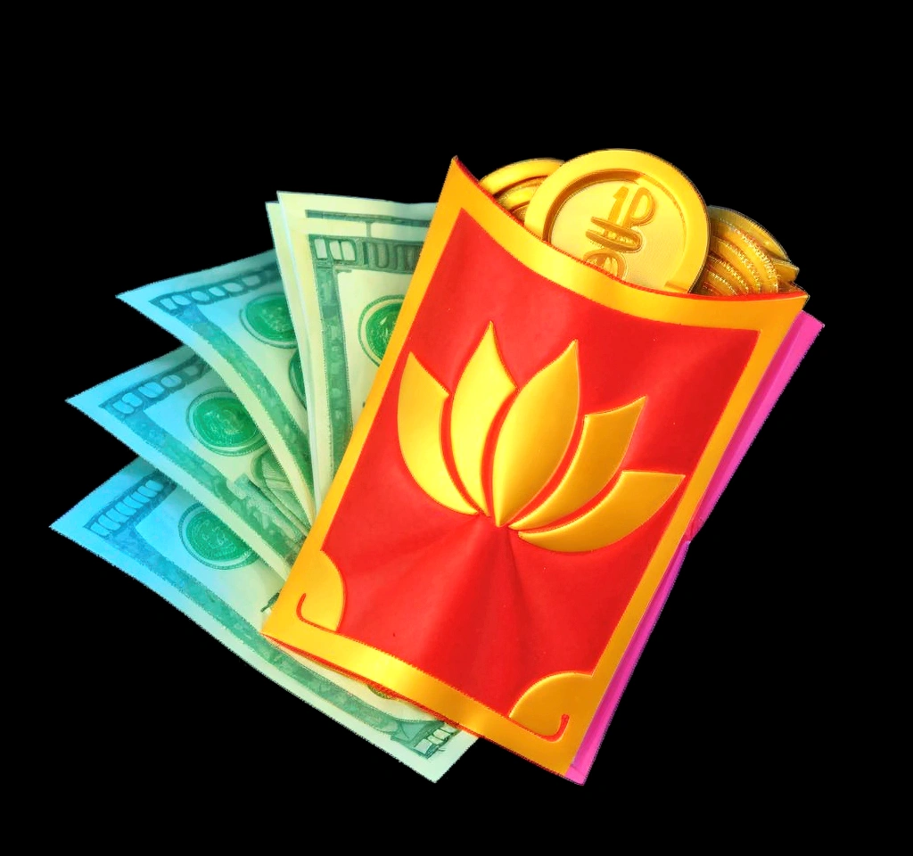 Close-up:A pile of money and a red bag, Modular Project, A red envelope,3D Icons High Quality Screenshots, , god of wealth, cash, 3d,Ultra Detailed,HD,8K