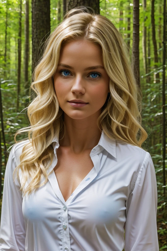 Blonde wavy hair blue eyes, with white blouse, with muscles. In a forest.