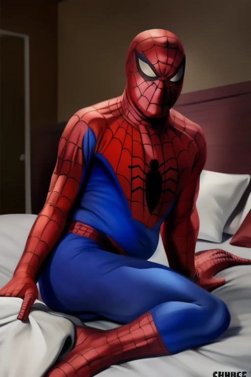 solo, male, spiderman, fat body chubby build, sexy pose, laying on the bed, in a bedroom, by chunie 