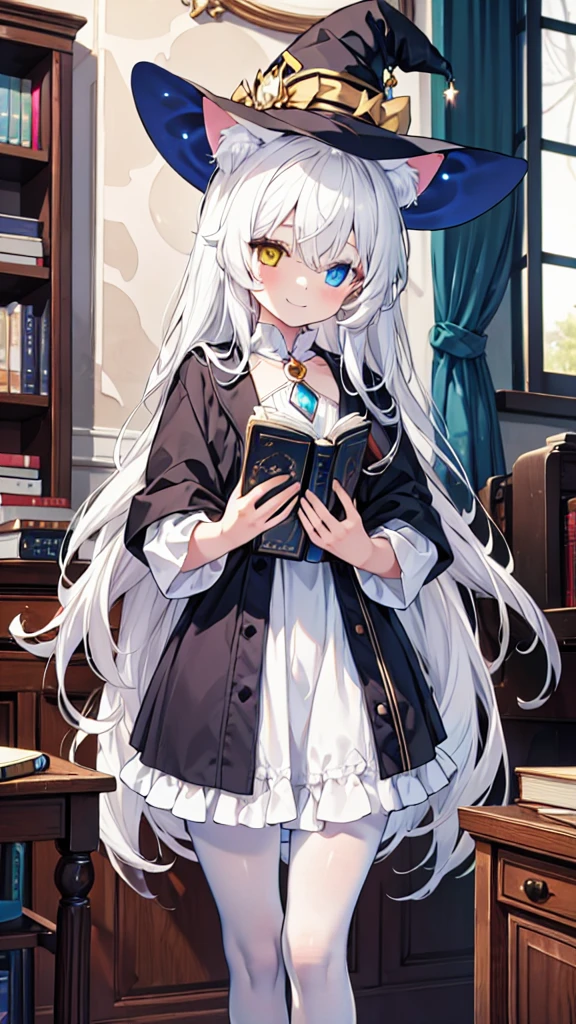 White hair,Cat ear(In the hat),Long hair,Heterochromia(Left blue right yellow),Smile,Female face,There are bright spots in the eyes,Female hands,White little hands,Normal fingers,flat chest,Witch costume,White pantyhose,In the room,Holding a magic book