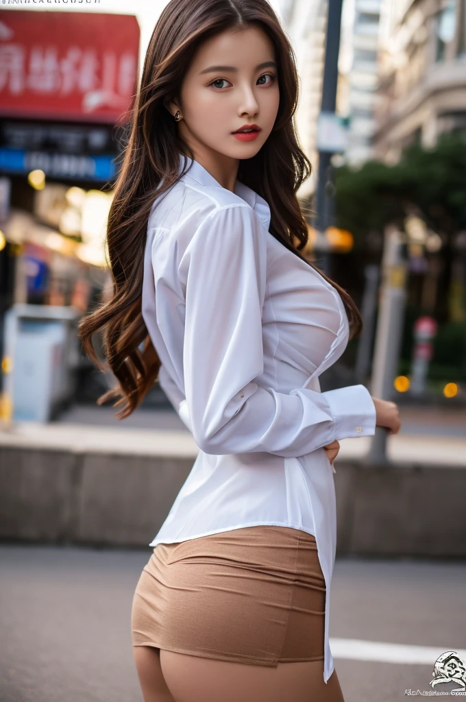 a 19 year old girl, she is the most beautiful actress in the world, the perfect body proportions of this girl, tight formal shirt is worn on the bra that's covering her large breasts, her crotch area of the panties are hardly hidden by the short skirt, her bare legs, her body looking straight to viewer of this photo, she is standing straight at the street, nsfw, best quality, highly detailed, masterpiece, ultra high res, photo realistic, 8k, RAW photo