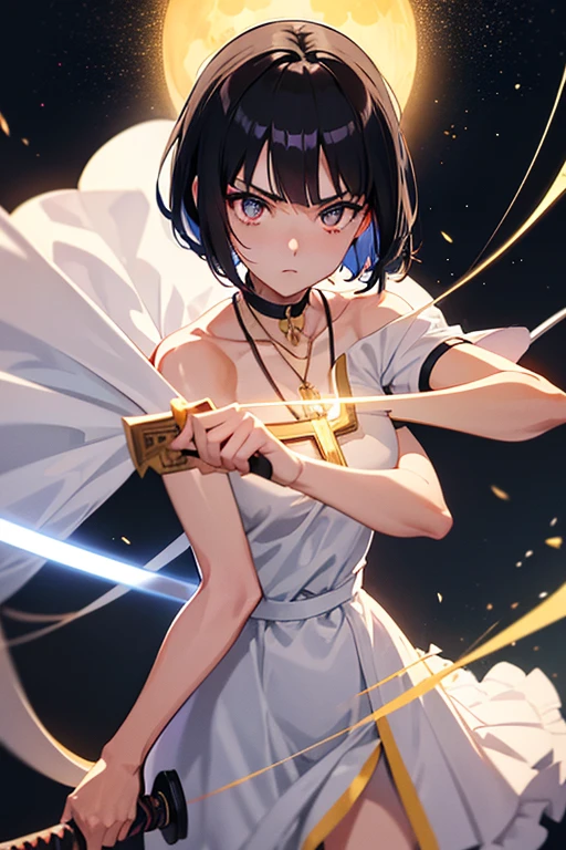 Anime girl holding sword katana white dress holding a sword, anime, short black hair with neon highlights, hair is above shoulder height smooth beautiful, ready to attack, one hand on sword, background of moon 4k, anime art, pendant on hair, cross t necklace, sword pointing front, Golden armor mostly yellow clothing