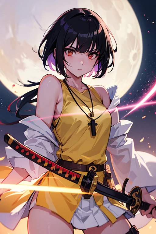Anime girl holding sword katana white dress holding a sword, anime, short black hair with neon highlights, hair is above shoulder height smooth beautiful, ready to attack, one hand on sword, background of moon 4k, anime art, pendant on hair, cross t necklace, sword pointing front, Golden armor mostly yellow clothing