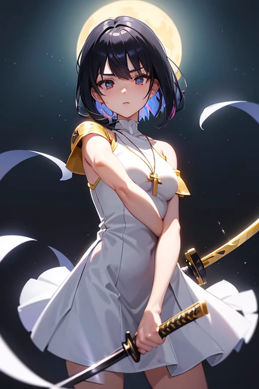 Anime girl holding sword katana white dress holding a sword, anime, short black hair with neon highlights, hair is above shoulder height smooth beautiful, ready to attack, one hand on sword, background of moon 4k, anime art, pendant on hair, cross t necklace, sword pointing front, Golden armor mostly yellow clothing