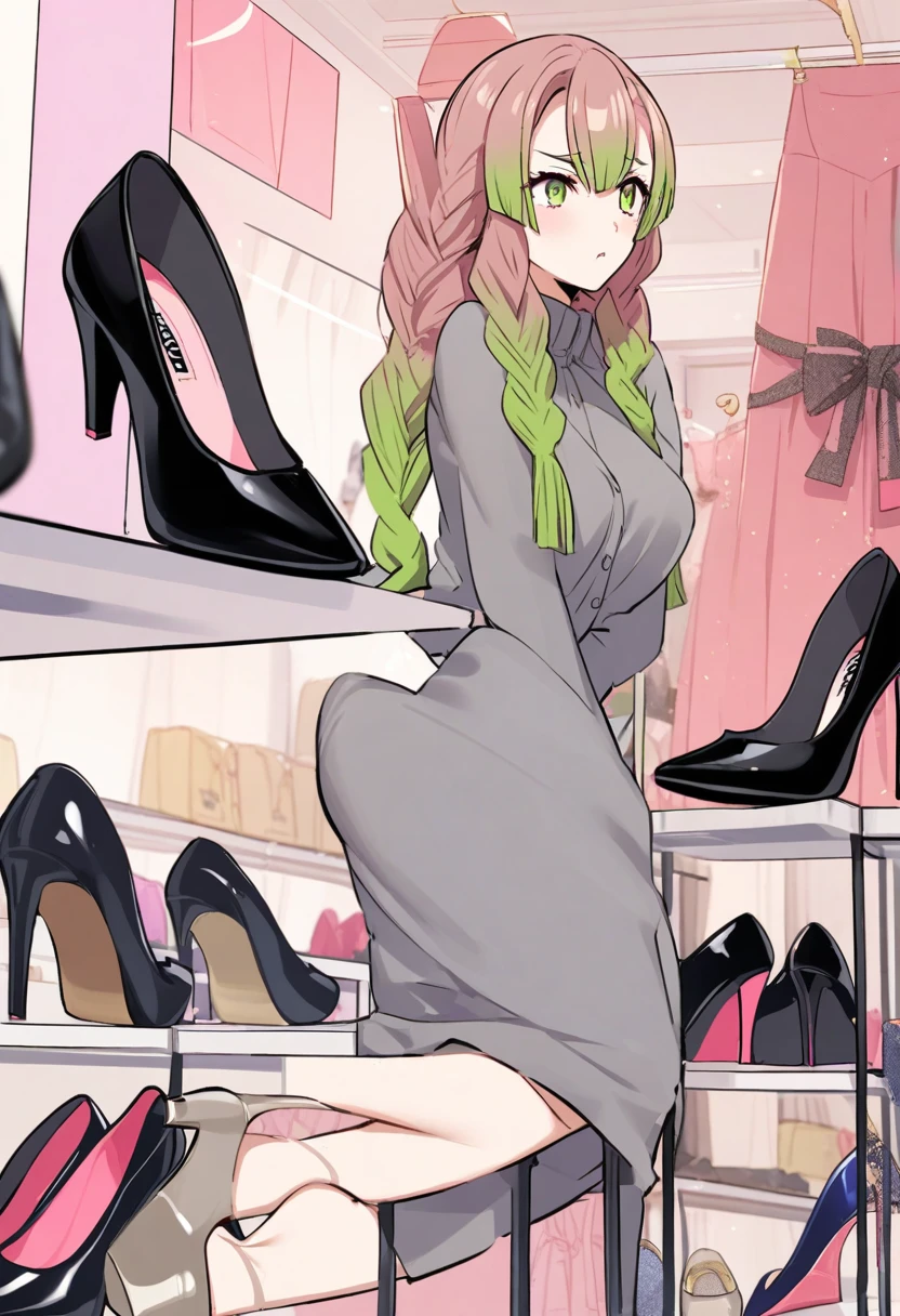 mitsuri kanroji,heels store,shop of heels,looking at heels,thinking face