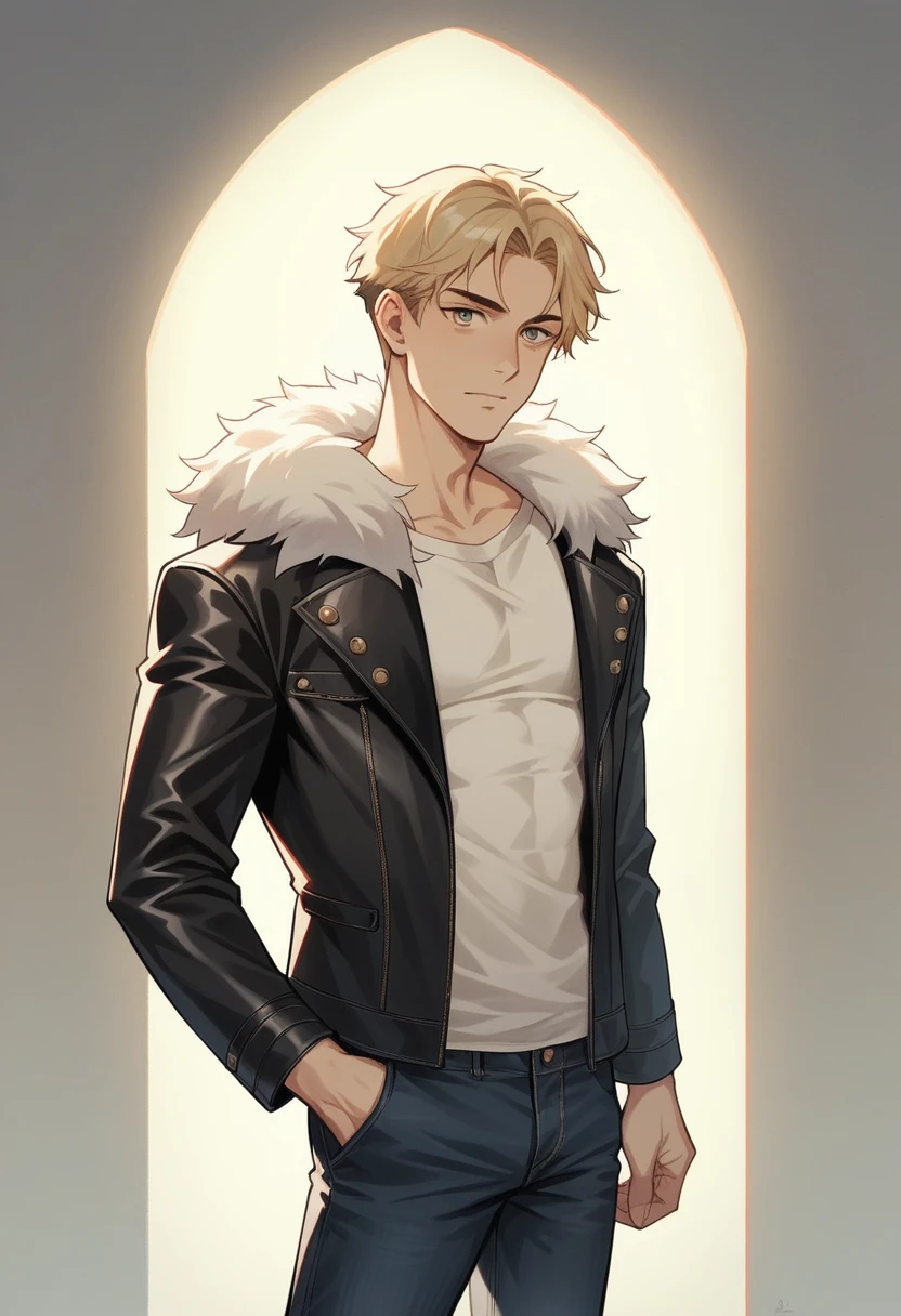 One boy, re4leonのカウボーイショット, Leather jacket with fur trim,  Long sleeve, Black jeans, Volumetric lighting, Athletic ability, Highest quality, masterpiece, Intricate details, Tone Mapping, Sharp focus, Super detailed, Trending on Art Station, View your viewers, Realistic 