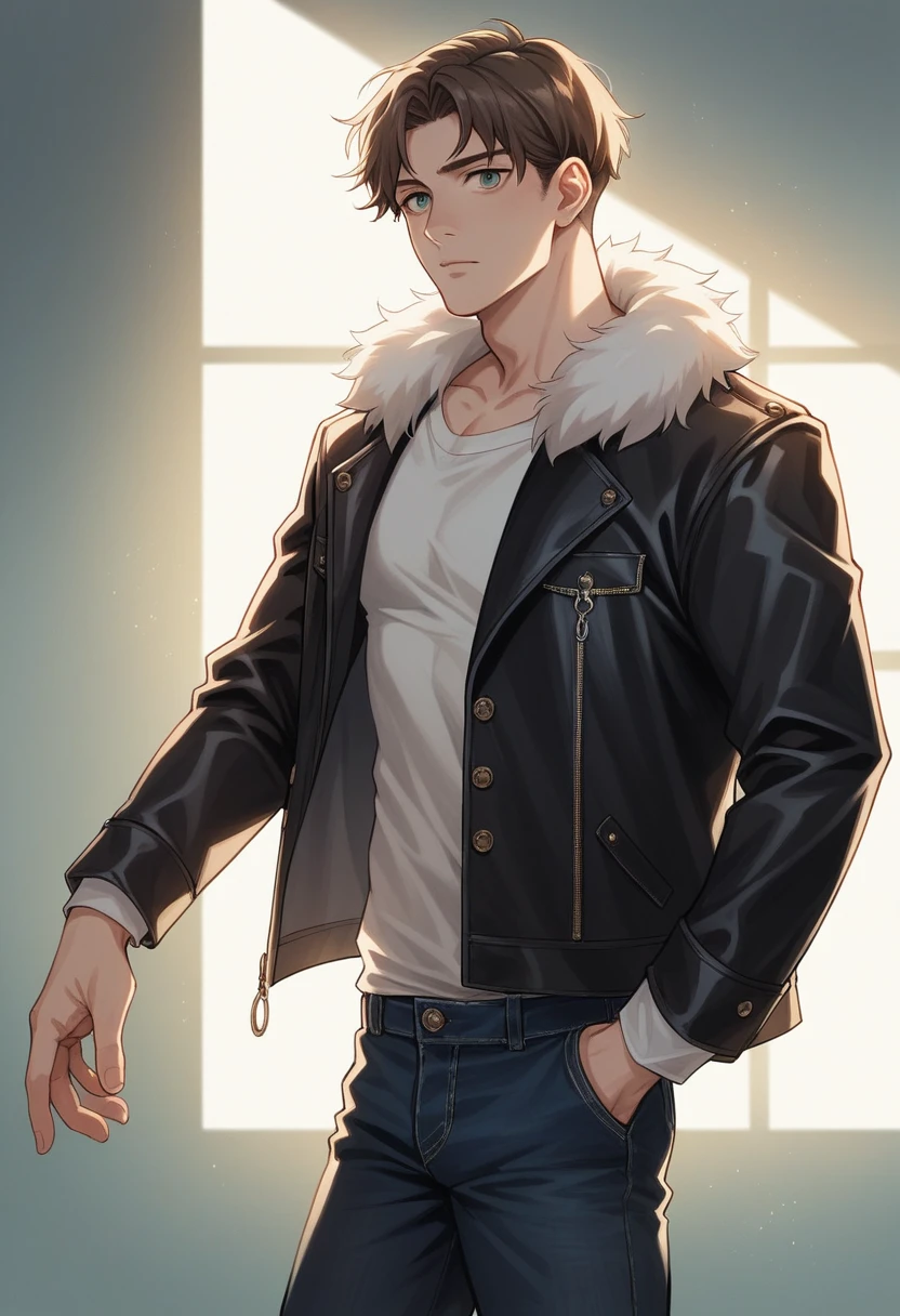 One boy, re4leonのカウボーイショット, Leather jacket with fur trim, Long sleeve, Black jeans, Volumetric lighting, Athletic ability, Highest quality, masterpiece, Intricate details, Tone Mapping, Sharp focus, Super detailed, Trending on Art Station, View your viewers, Realistic