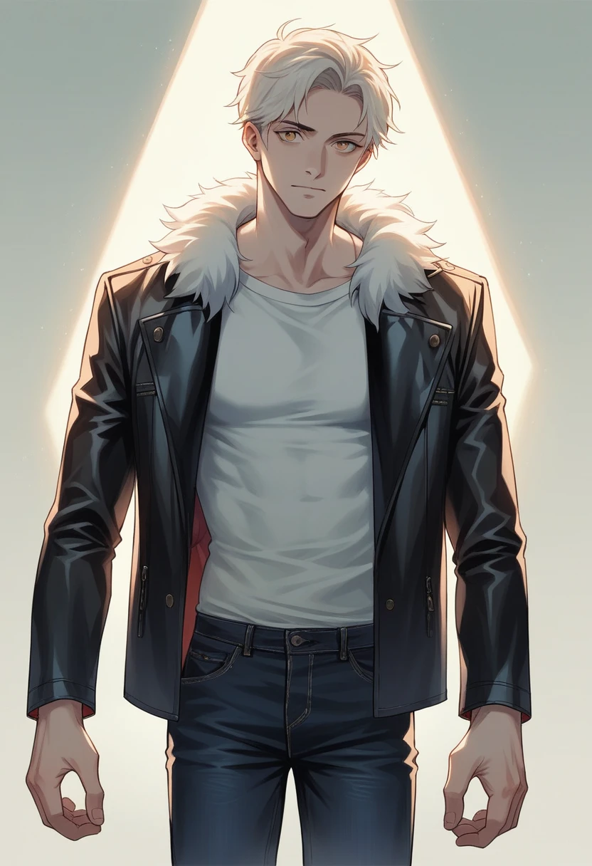 One boy, re4leonのカウボーイショット, Leather jacket with fur trim, Long sleeve, Black jeans, Volumetric lighting, Athletic ability, Highest quality, masterpiece, Intricate details, Tone Mapping, Sharp focus, Super detailed, Trending on Art Station, View your viewers, Realistic