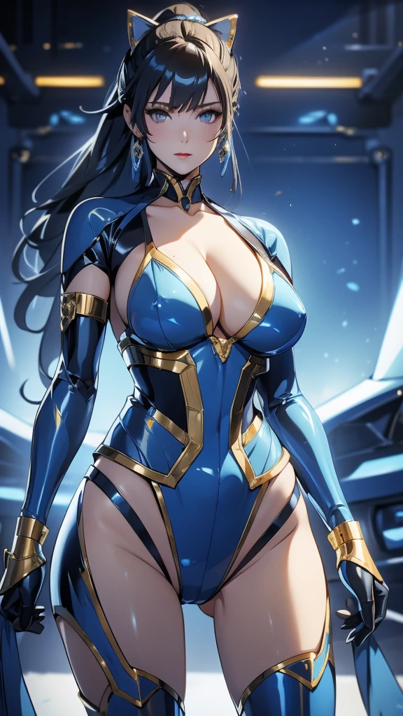 blue mecha,Blue mecha,golden shorthair cat,Long ponytail hairstyle,Large Breasts,Cleavage,Pistol hanging from waist,fighter pilot,fighter hangar,Sexy,Lipstick,Miss,Golden Eyes