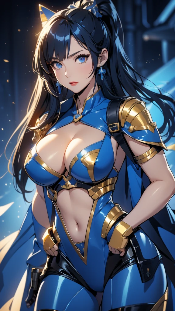 blue mecha,Blue mecha,golden shorthair cat,Long ponytail hairstyle,Large Breasts,Cleavage,Pistol hanging from waist,fighter pilot,fighter hangar,Sexy,Lipstick,Miss,Golden Eyes
