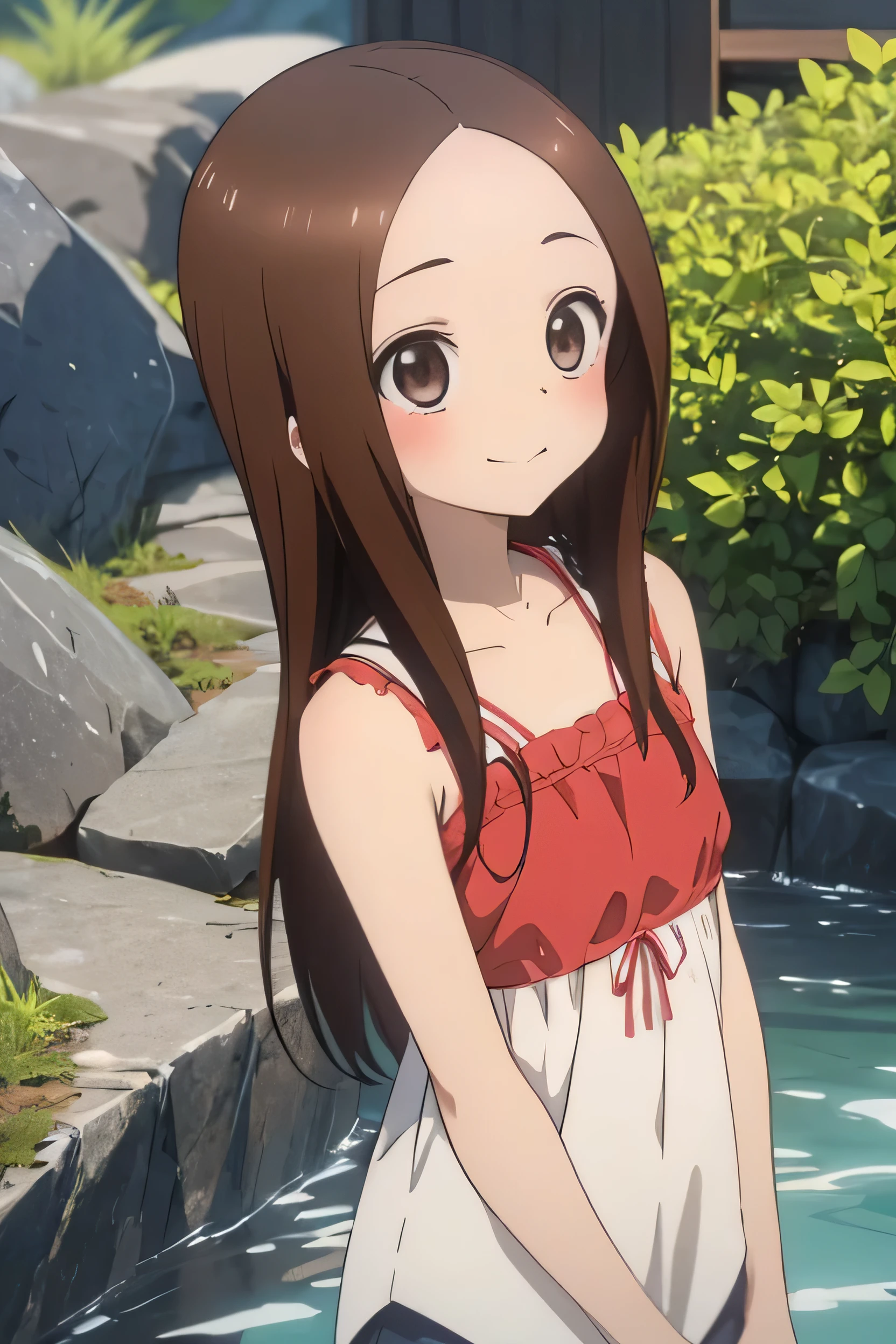 (takagi-san)(MS. Takagi who is good at teasing)(Super detailed eyes)(Perfect Anatomy)sauce_アニメ, ((score_9)),score_8_upper,score_7_upper,score_6_upper,score_5_upper,score_4_upper, girl1,, , (masterpiece), (Highest quality), absurdes, Steam, BREAK, Human, Smooth Skin, (soak:1.5) hot spring, Fantasy, (nature:1.3), moon, Big moon, FOG, girl, smile, Flat Illustration, Close-upper, Partially submerged, Steam Censorship:1.2, blush, Wet Hair, Outdoor, masterpiece, Highest quality, 最High resolution, High resolution, complicated, Highest quality 32K resolution RAW photos taken with Canon EOS R3, (masterpiece, Highest quality), Outdoor, Garden, girl, Small and cute girl, Small breasts, Small breasts, delicate, Brown eyes, Long Hair, Brown Hair, bangs, Very detailed, masterpiece, Highest quality, Maroon mouth, 地upperで, Looking at the audience, 見upperげる, close, Cute white camisole, Medium Chest, (blush:1.1), Leaning forward, Cowboy Shot, Front view, Shining moon, From below