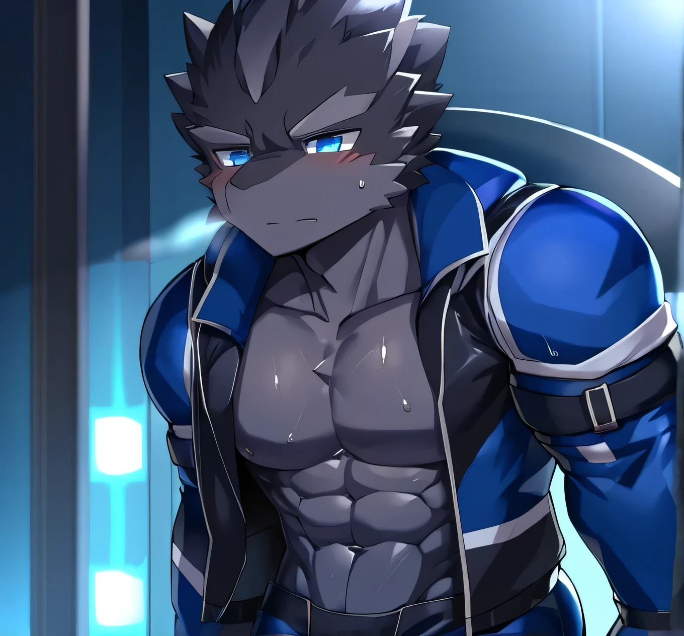 Thin macho　western black dragon　　abs　　　　　Hollow abs　　body suit　　thick arms　　　chest rig　　　、sweaty　　　skin glow　　profile　　Wearily　short of breath　　  　Chemo shota　　
have a 　blue eyes　Tired look jacket