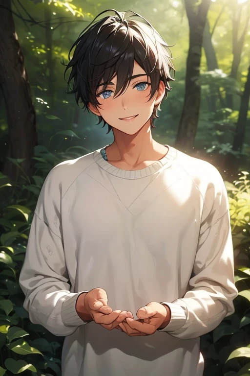 a beautiful young man with short black hair and gray highlights, blue eyes, and a soft, loving smile, standing in a breathtaking green forest, wearing a white knitted sweater, masterpiece, top quality