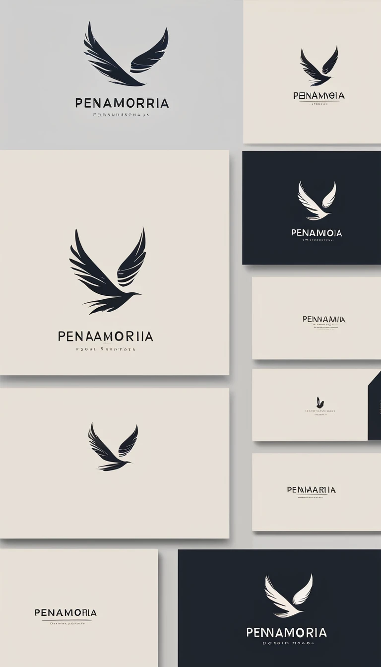 A minimal, modern, simple, cinematic logo design for the brand “Penamemoria". Create a modern, minimalistic, high-quality, logo of a feather-bird