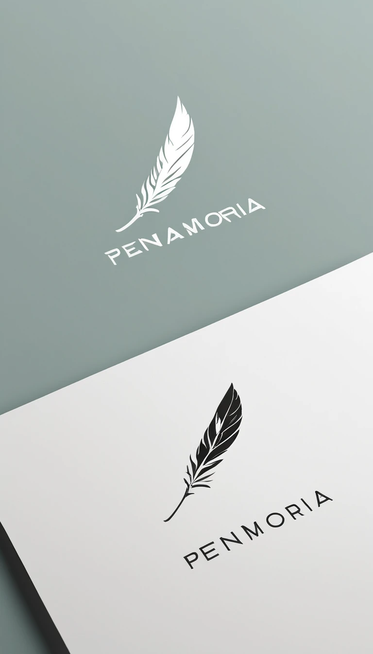 A minimal, modern, simple, cinematic logo design for the brand “Penamemoria". Create a modern, minimalistic, high-quality, logo of a feather-bird