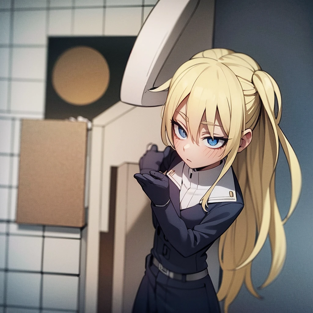 Anime My hero academia, blonde girl, phosphorescent blue eye color, uniform of the U. A