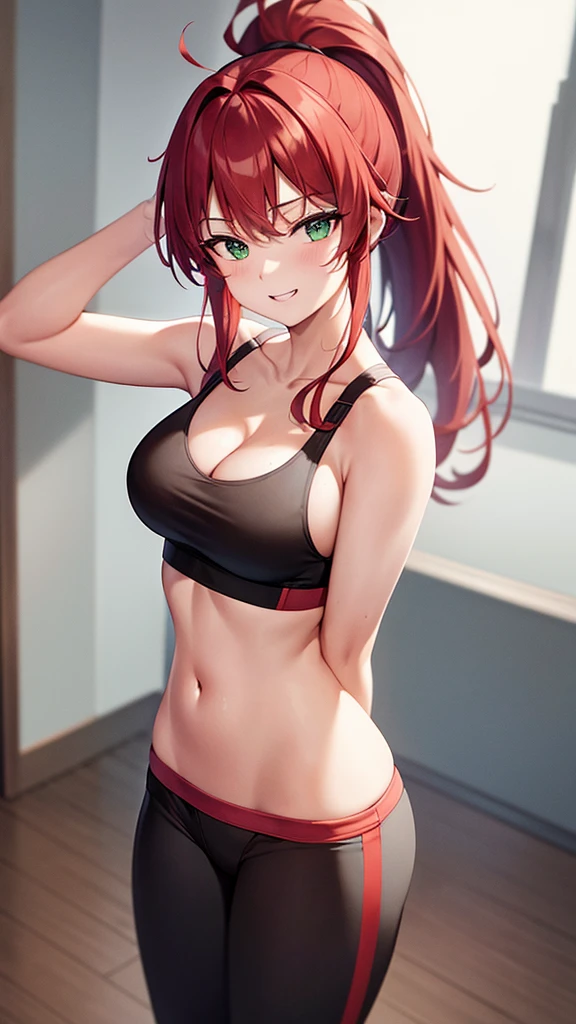Cleavage, ager,
Red hair, green eyes, cleavageponytail, ponytail, excited, excited smile, red sports bra, bra,toned arms,
shoulder straps, sleeveless, leggings, gym, midriff, ultra-detailed, absurdres, unreal engine, masterpiece, best quality, beautiful eyes, volumetric lighting, silky_hair), best quality, ultra-detailed, solo, looking at viewer, highres, 8k wallpaper, extremely detailed, smooth lighting, 8k, depth of field, masterpiece, cinematic lighting,