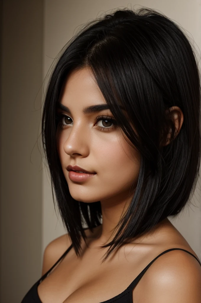 Girl with shoulder-length black hair, dark brown eyes, septum piercing and pretty lips
