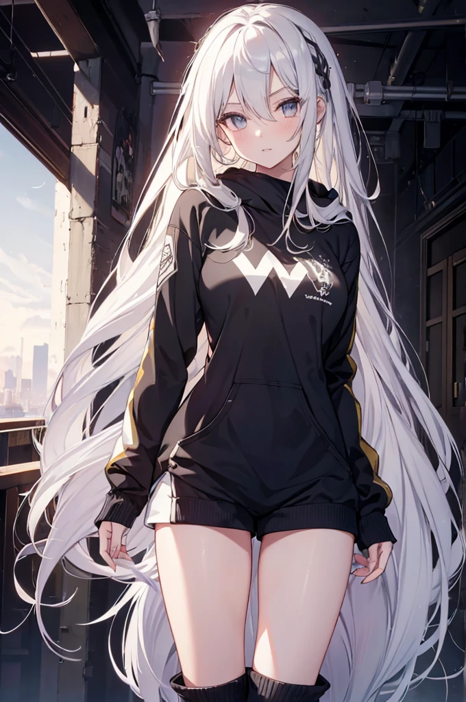 1girl, {Solitary}, Upper Body ,{{ {Watching at viewer}}}, Arms at your sides, Concept Art, white Background, simple Background, White hair, Silver gradient hair , Composite cloth, Asymmetrical clothes, Virtual YouTuber, best quality, masterpiece, Dynamic Angle, , cowboy_shooting, Watching_Back, grab, girl,Miss,woman, young,20 years old, Very long hair, Hair Flip, Silver Hair, Flowing hair, Ahog, giggle, Beautiful and delicate golden eyes, teeth, Large Breasts, Blonde eyes, White skin, hoodie, Black_shorts, Gray clothes, transparent_Background, Backlighting, absurd, high resolution, Extremely detailed,sweater,Face to face