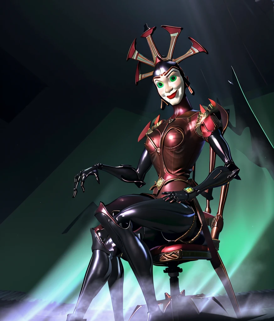 (Masterpiece, Best Quality:1.3), high resolution, cinematic light, unity 8k wallpaper, ultra detailed, (2d:1.3), (illustration:0.7), graphite \(medium\), high quality, ((depth of field)), hex_s1, solo, (hexsuit, hexcrown, mask, solid eyes:1.3), (green sclera), (sitting), (hexchair:1.3), stool, leaning to the side, (shiny:1.2), closed mouth, smirk, raised eyebrow, (cowboy shot), (spotlight), head tilt, (straight-on, looking at viewer), earrings, head tilt, black (hexgloves:1.3), feet out of frame, dutch angle, black (hexboots), indoors, shadow, (deep depth of field), floating particles, extremely detailed cg, (perfect anatomy), (studio lighting, perfect lighting), vivid color, (((blending))), intricate details, (raytracing:1.3) floating particles, no pupils