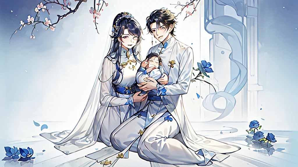 (((Mother and son,My son is a newborn baby.)))、((Highest quality、Masterpiece、Official Art、The best dynamic composition))、They both have a mixture of blue and white hair.、She is happily stroking the baby's cheek.、Heartwarming、happiness、A sparkling world、