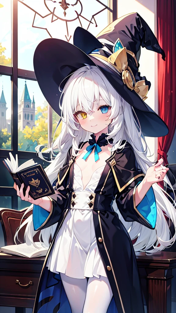 White hair，Cat ear（In the hat），Long hair，Heterochromia(Left blue right yellow)，Smile，Female face，There are bright spots in the eyes，Female hands，White little hands，Normal fingers，flat chest，Witch costume，White pantyhose，In the room，Holding a magic book