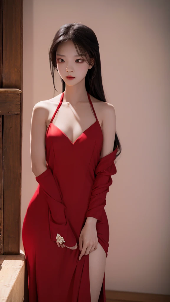 Kim Jennie, long black hair, sexy body dressed in a beautiful red dress her big breasts her beautiful face, a goddess and another of a nun who dresses