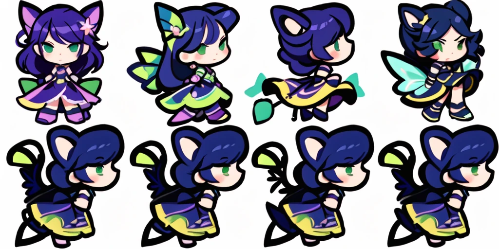 a close up of a cartoon character with different poses, spritesheet, sprite sheet, with familiar sprites, sprites, fairy girl, morgana, default pose neutral expression, twirling, sprite 2 d, shady, green fairy, smol, multiple poses, cute chibi, kawaii