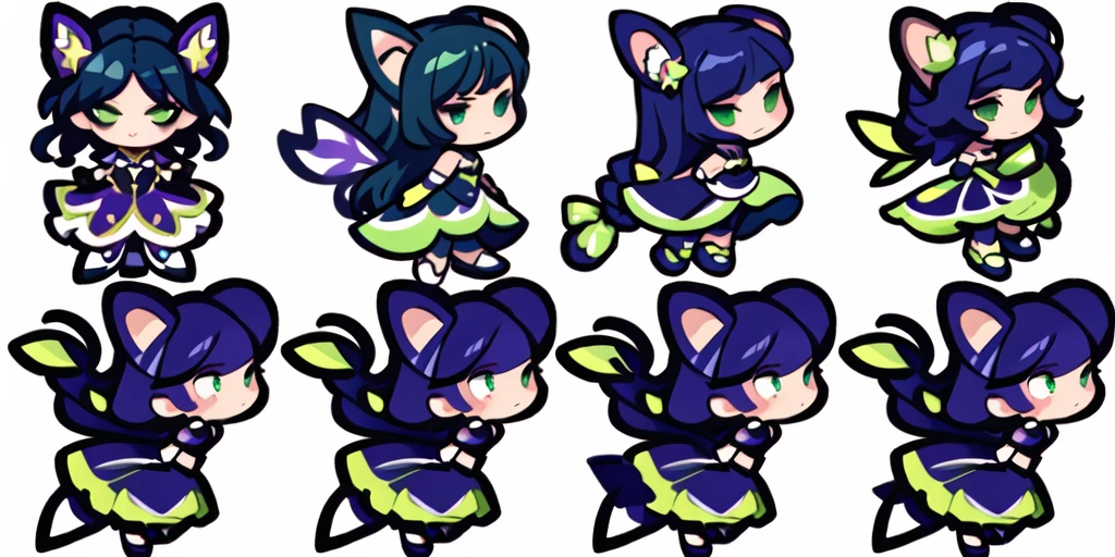 a close up of a cartoon character with different poses, spritesheet, sprite sheet, with familiar sprites, sprites, fairy girl, morgana, default pose neutral expression, twirling, sprite 2 d, shady, green fairy, smol,  multiple poses, cute chibi, kawaii