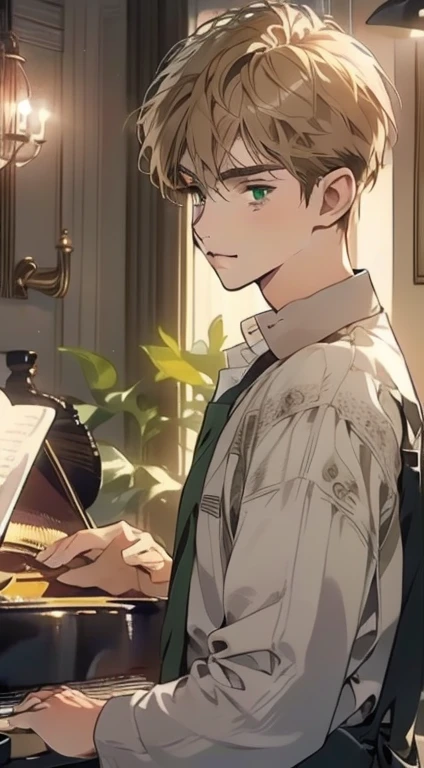 masterpiece, best quality, realistic, 1man, mature male, quiet and charming young man, 18 years old, close his eyes, smirk, closed mouth, extremely detailed face, a little distant, ((dark green eyes)), ((short-side-swept sandy blonde hair)), [thick eyebrows], playing piano, 4K, cool light setting, (in the night)
