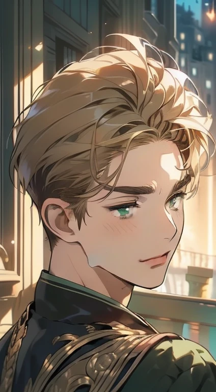 masterpiece, best quality, realistic, 1man, mature male, quiet and charming young man, 18 years old, close his eyes, smirk, closed mouth, extremely detailed face, a little distant, ((dark green eyes)), ((short-side-swept sandy blonde hair)), [thick eyebrows], playing piano, 4K, cool light setting, (in the night)