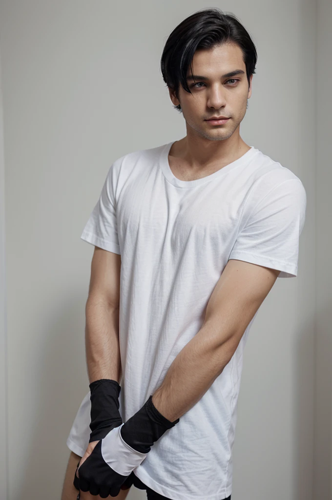 image of a man with black hair, dark blue eyes, wearing a white t-shirt, black short gloves