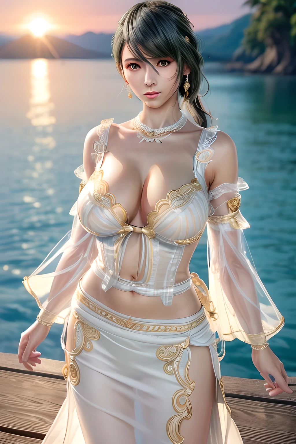 1girl,Tamaki,At sunset, the warm sunlight adds a golden hue to the scene. Wearing a flowing (white dress with transparent sleeves and a cinched waist: 1.4), blown by the breeze, and wearing earrings, she stands on the dock and looks at the sunset in the distance. The water is calm, with soft ripples, and the outline of the distant coastline can be vaguely seen in the background.(fashionable_Tattoos),(huge breasts),collarbone, cleavage,Detailed Hair,(Tattoos),(masterpiece:1.5),( best quality:1.4), ultra-detailed,(((realisetic))),8K,{ (photorealistic:1.37),movie soft light,