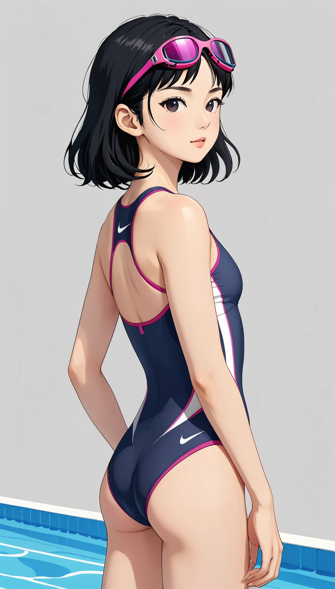 Competitive swimming suits、Swimming goggles、Black Hair、Berry Short、Upper Body、Simple Background、Moderate bust、NIKE Swimsuit、Japanese、Girl
