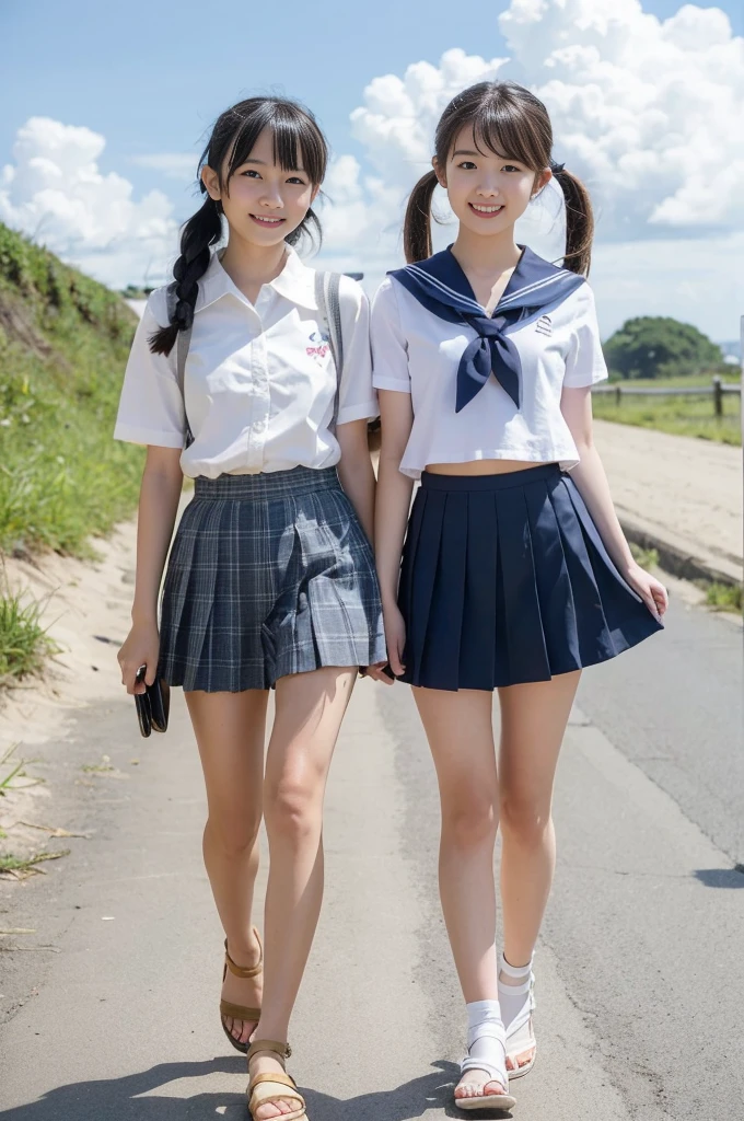 2 girls walking in rural beach,cumulonimbus cloud in summer sky,short-sleeved sailor shirt,navy blue pleated micro mini skirt,white thong,18-year-old,bangs,a little smile,thighs,knees,short hair with low pigtails bunches,from below,front light