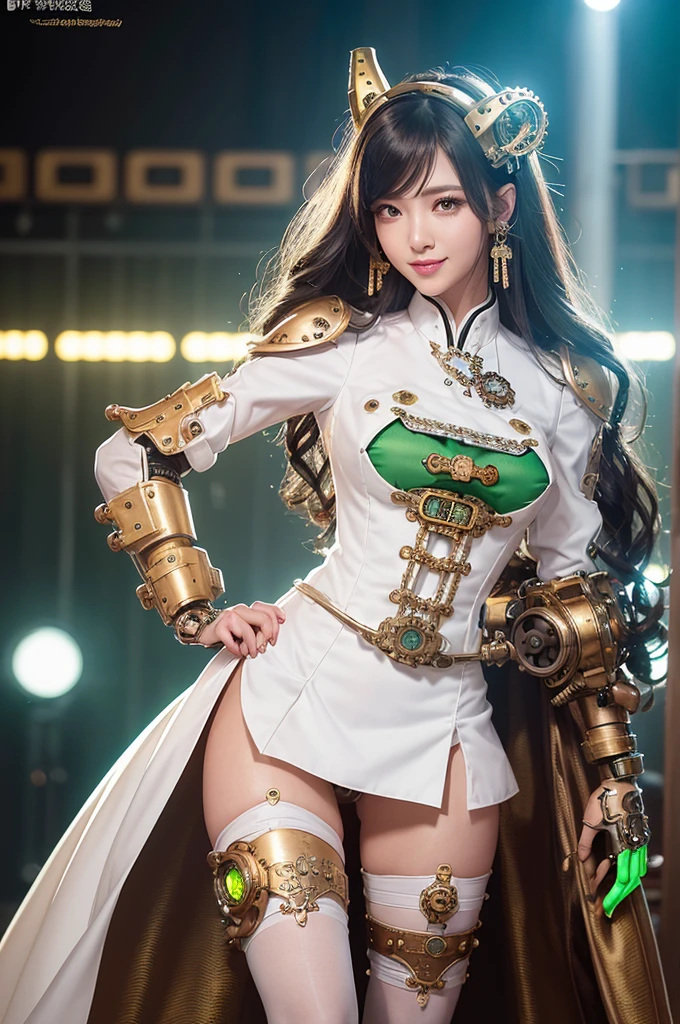 Woman portrait、Highest quality、Rear view、8K,Detailed face, clear, Fine skin、Clear, beautiful eyes、whole body、(Curly Hair)、My hair was messed up by the wind、The beauty of a smile、(Glamorous Muscle、tall),(Hip_superior, Hip superior), Mature Woman,( Watching the audience),Realistic, High resolution, Soft Light,1 female, alone, Hipアップ, Glowing Skin, (Detailed face), Sexy smile, Perfect Style, Perfect balance,Platinum gold hair,Long Hair,Naughty look,((Steampunk Hanbok、arabic pattern),(Yellow-green and white mecha, High-tech Mecha,Beautiful steampunk cyborg woman,Steampunk Mecha Cyborg Girl,Steampunk lime green and white hanbok,Steampunk white dress shirt、buttons、spikes,beads,elbow gloves,Short jeweled tie、Gemstone Helmet,belt steampunk bodystocking,High leg,fake animal ears),((arms behind back)),(bokeh),(studio lighting)