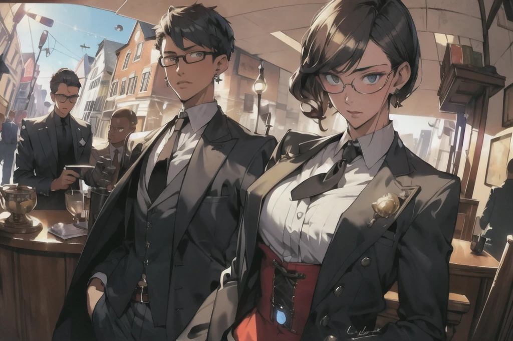 masterpiece,Highest quality,(1 person:1.3), Age 25,short hair,Colored hints,Curly Hair,Tinted Glasses,Earrings,gun,tie,topless,corset,Mafia Style,handcuffs,Wrap coat,street,From above,(Dutch Angle, Fisheye Lens),Lens flare,Depth of written boundary 