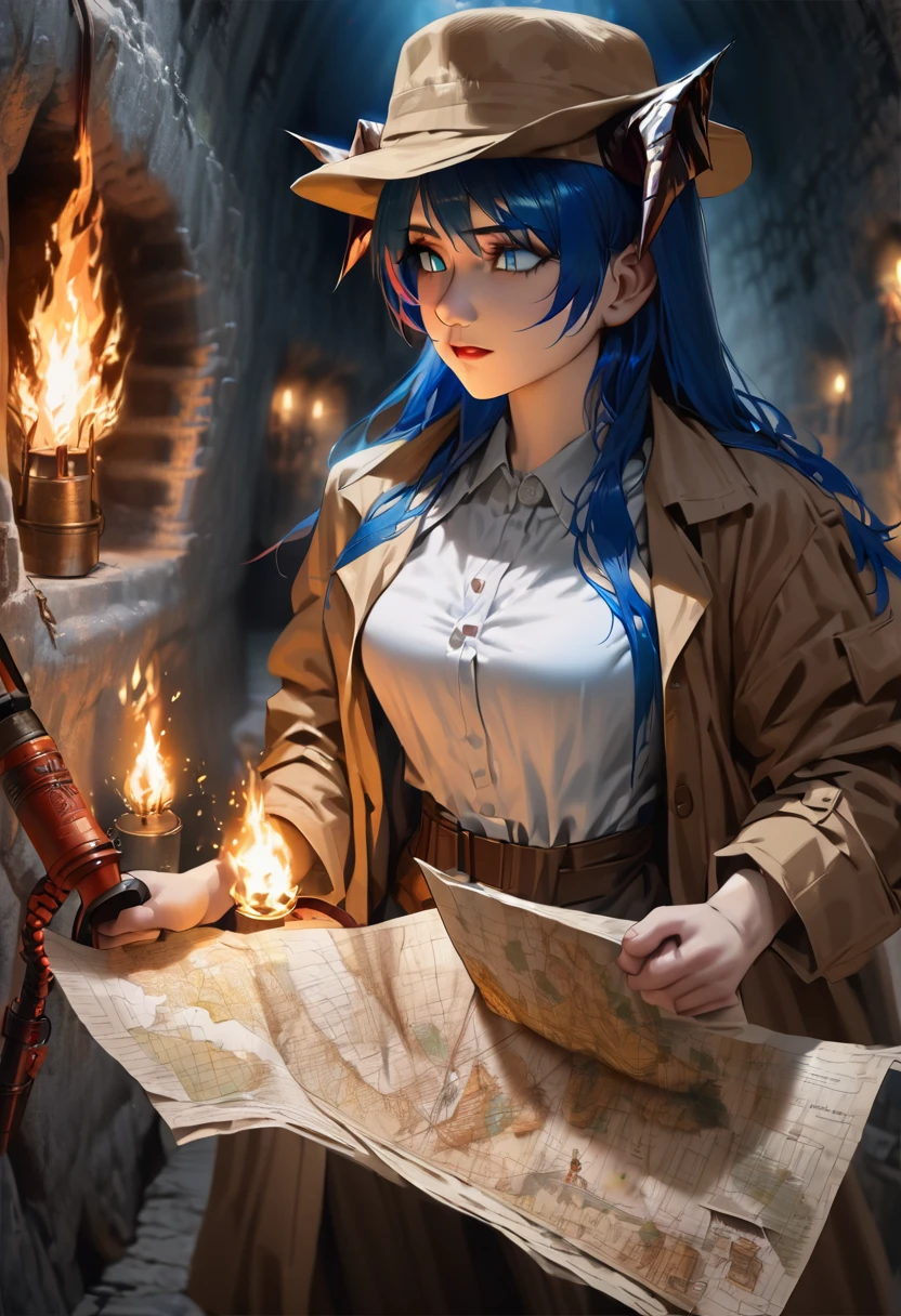 ((adult)), (woman), ((tall)), ((Mostima from arknights)) , masterpiece, best quality, ((Bluer hair long)), horns, plain white shirt, brown coat, holding a map and a fire torch, indiana jones outfit, hat, (looking at map), realistic anime style, inside of a catacomb.