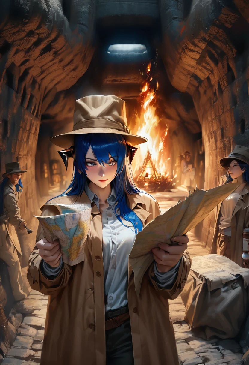 ((adult)), (woman), ((tall)), ((Mostima from arknights)) , masterpiece, best quality, ((Bluer hair long)), horns, plain white shirt, brown coat, holding a map and a fire torch, indiana jones outfit, hat, (looking at map), realistic anime style, inside of a catacomb.