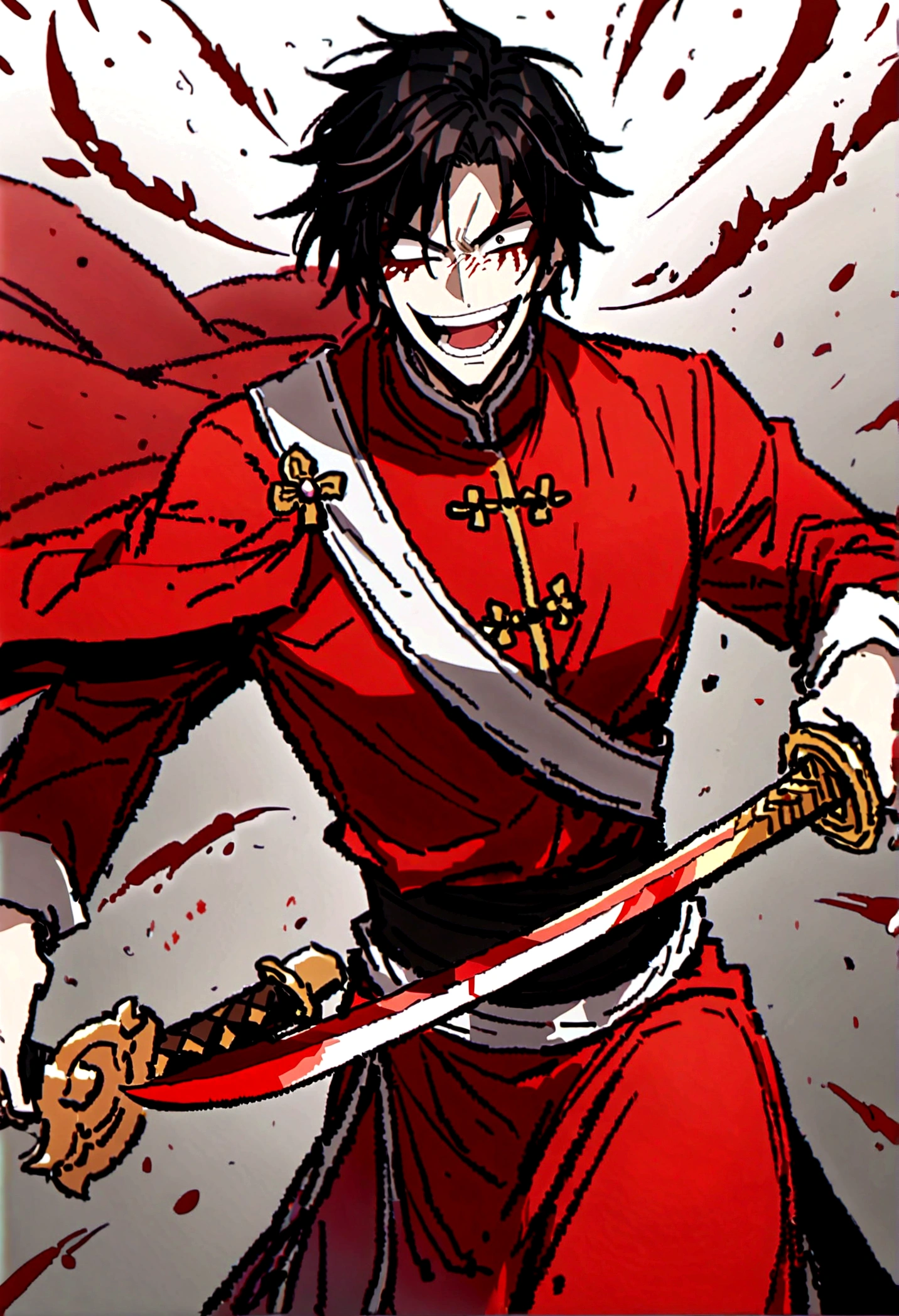 Anime character holding sword and red cloak, Beautiful Shinigami, (Red robe,Taoist priest),Copper money sword,Chinese style traditional, handsome guy,Dark circles,Pathological,Laughing,Blood气,Madness,Wound,Blood,(only one person),Normal body,crazy,Dim background,Black Hair