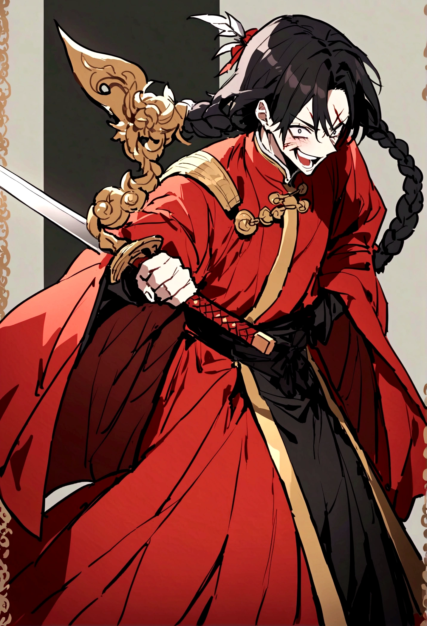 Anime character holding sword and red cloak, Beautiful Shinigami, (Red robe,Taoist priest),Copper money sword,Chinese style traditional, handsome guy,Dark circles,Pathological,Laughing,Blood气,Madness,Wound,Blood,(only one person),Normal body